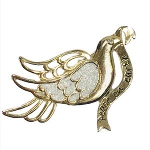 Peace on Earth Dove Brooch, Gold Toned, White Glitter